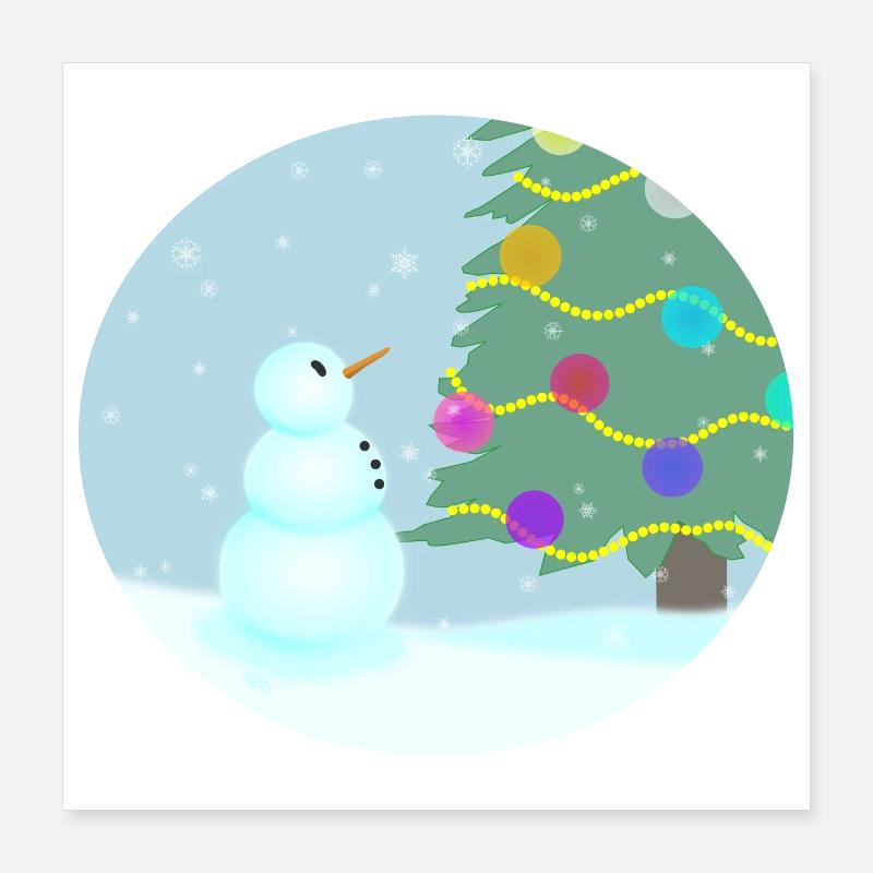 Schneemann bewundert Weihnachtsbaum Poster 40x40 cm