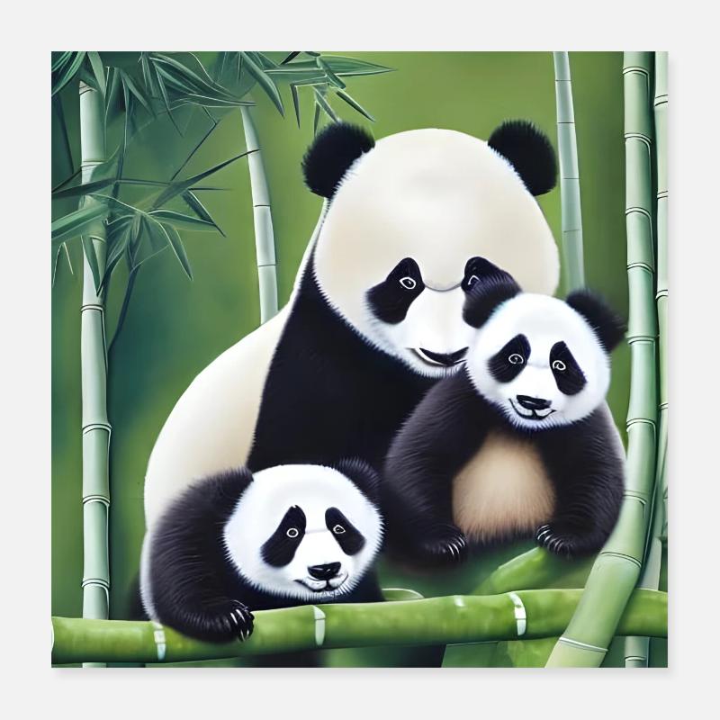 Panda Mutter mit zwei Kindern - Poster 40x40 cm - Weiß