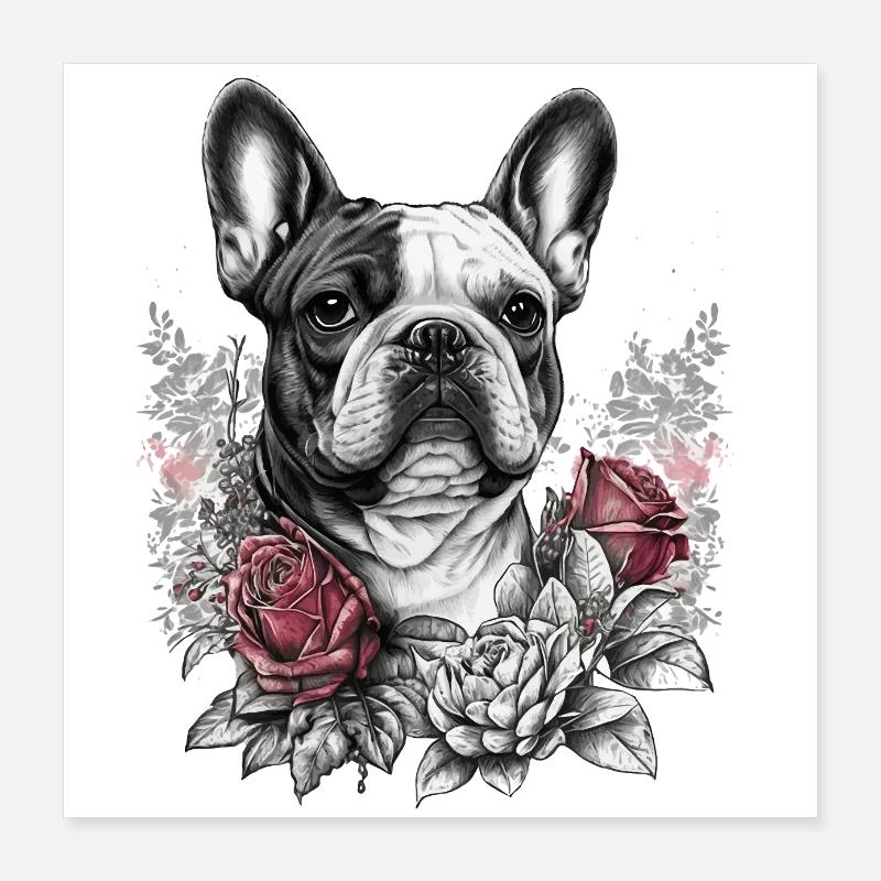 Bouledogue français aux roses rouges Poster 40 x 40 cm