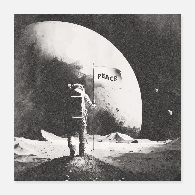 Astronaute sur la lune avec le drapeau de la paix Poster 40 x 40 cm