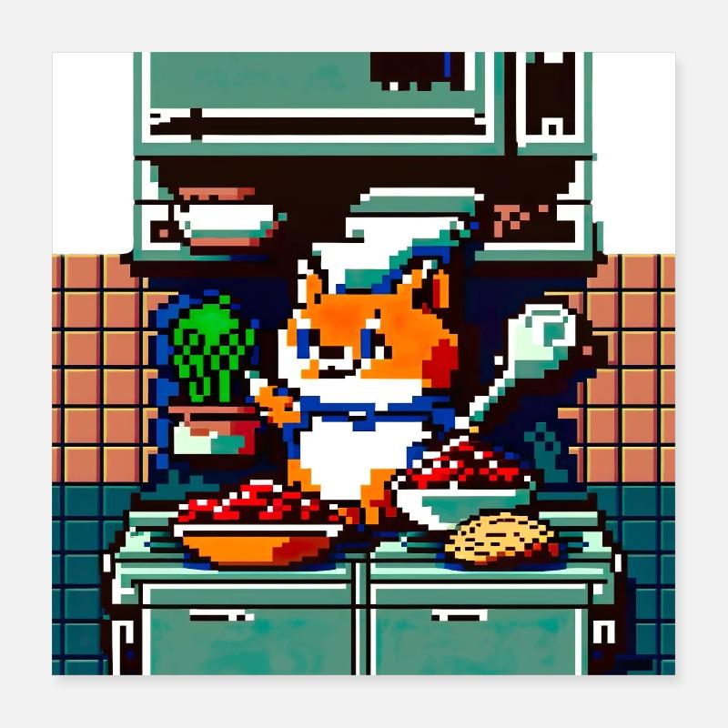 kochende Katze in 8 Bit als Chefkoch in der Küche Poster 40x40 cm