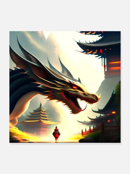 Dragon Fantasy Anime Drachen AI Art Poster Retro - Poster 40x40 cm - Weiß - Vorne