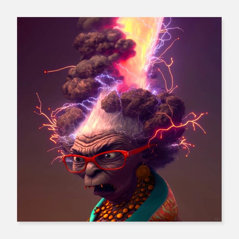 elektrik-Porträt 13 – Neonvulkanische Großmutter Poster 40x40 cm
