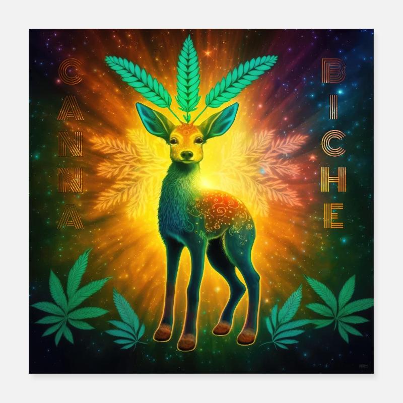 Kosmisches Reh mit Cannabisblättern Poster 40x40 cm