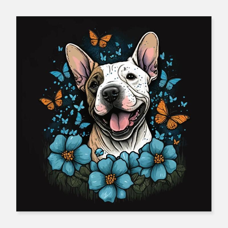 Joyeux Bull Terrier avec des fleurs Poster 40 x 40 cm