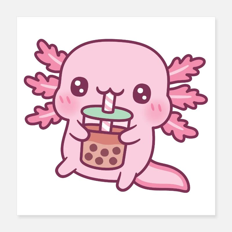 Cute Axolotl Drinking Bubble Tea Poster 16" x 16" (40x40 cm)