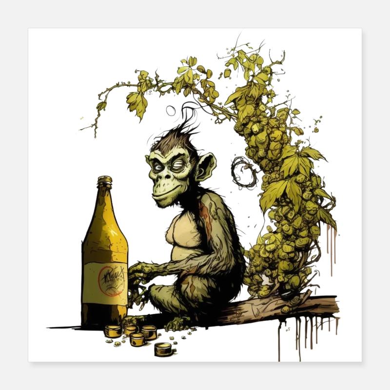 Drôle de chimpanzé brasseur de bière avec du houblon Poster 40 x 40 cm