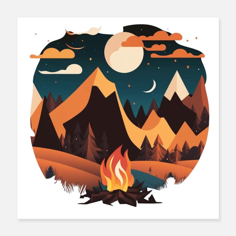 Camping by moonlight with campfire Poster 16" x 16" (40x40 cm)
