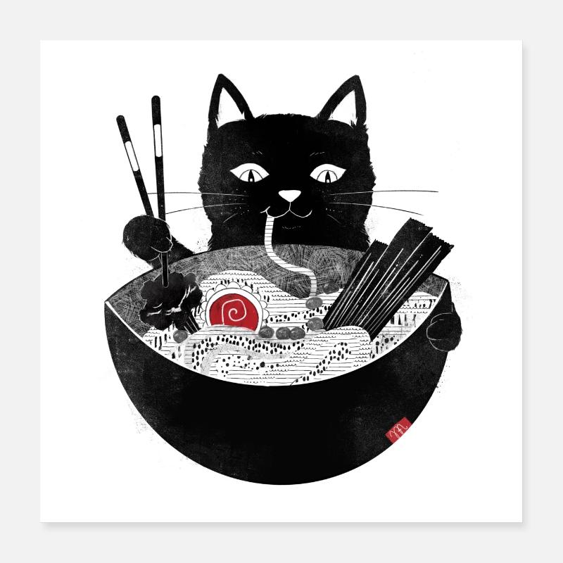 Cat Eats Ramen Noodles Poster Poster 16" x 16" (40x40 cm)
