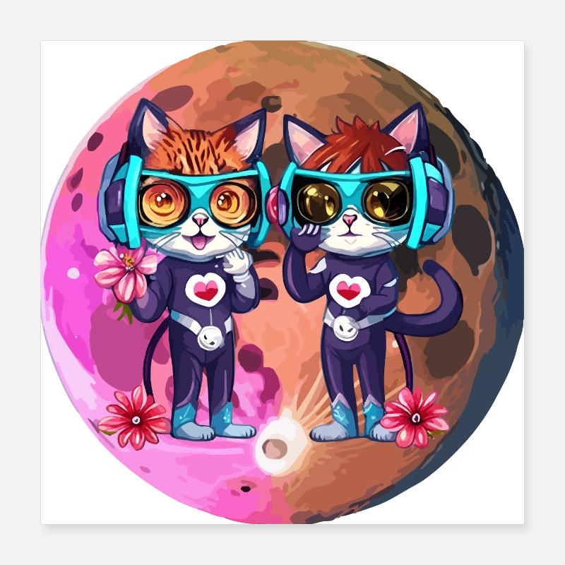 Coole Mond Katzen mit Kopfhörer Poster 40x40 cm