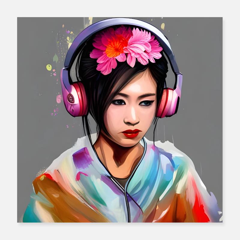 Headphones Geisha Color Explosion Poster 16" x 16" (40x40 cm)