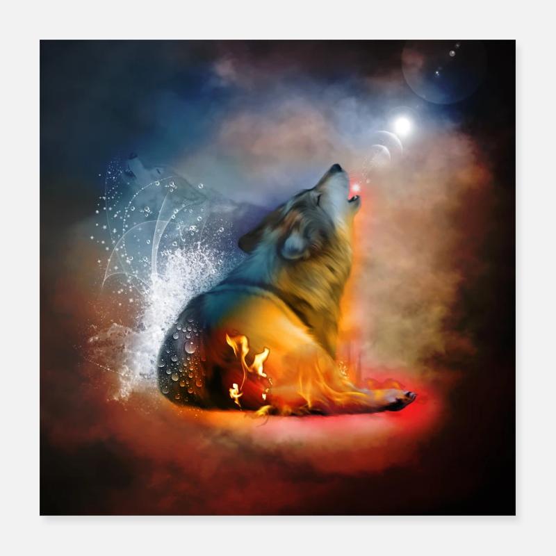 La majesté des loups avec le feu et l’eau Poster 40 x 40 cm