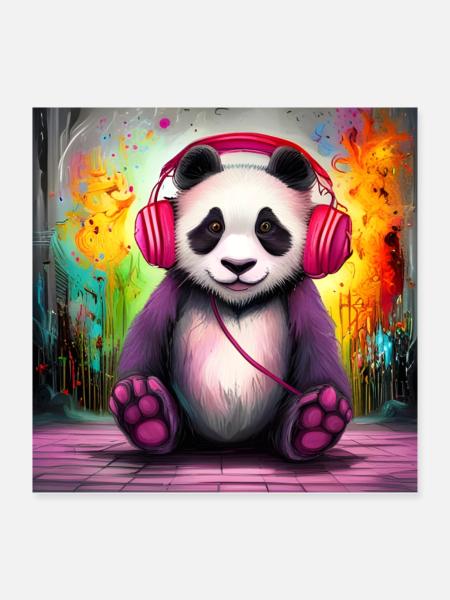 Panda DJ mit bunten Kopfhörern - Poster 40x40 cm - Weiß