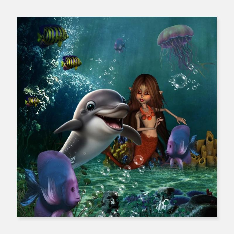 Sirène mignonne et dauphin drôle Poster 40 x 40 cm