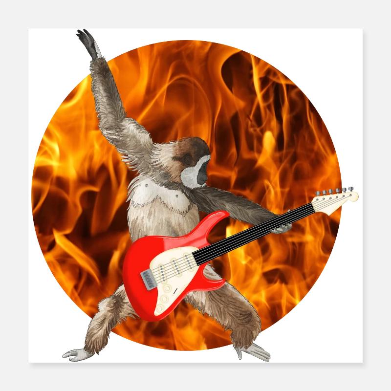 Monkey Whitebeard Gibbon Electric Guitar Fire Lets Rock Poster 16" x 16" (40x40 cm)