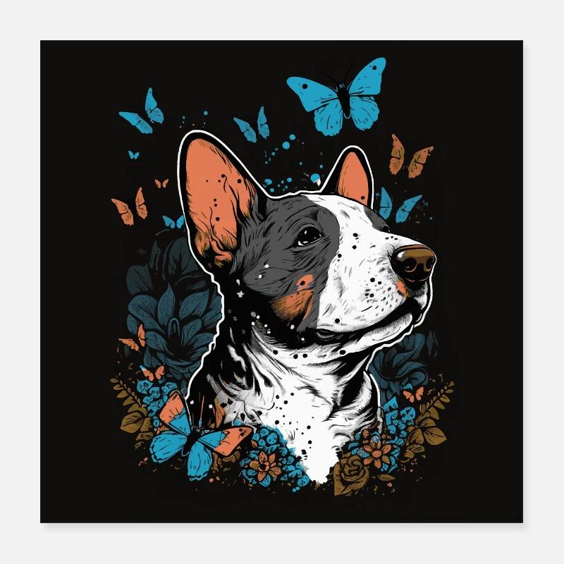 Bull terrier joyeux avec des papillons Poster 40 x 40 cm