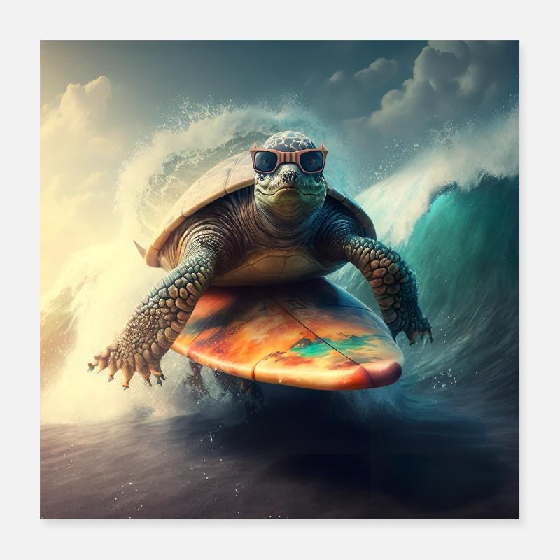 Cool turtle with sunglasses on surfboard Poster 16" x 16" (40x40 cm)