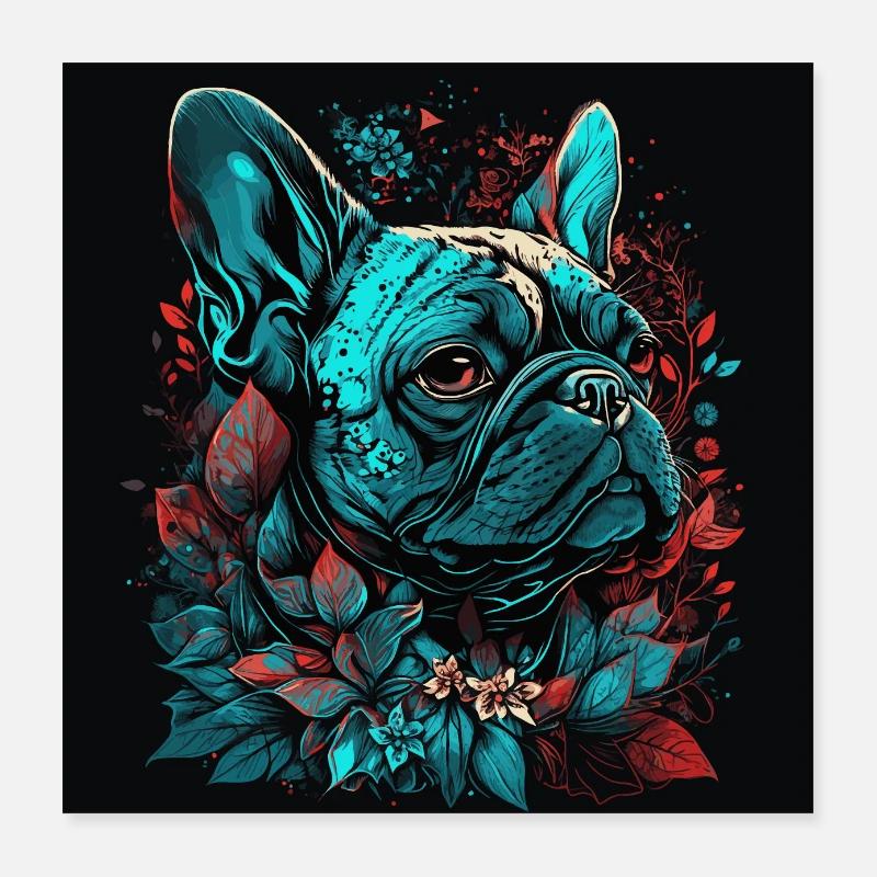 Bouledogue français avec des fleurs Poster 40 x 40 cm