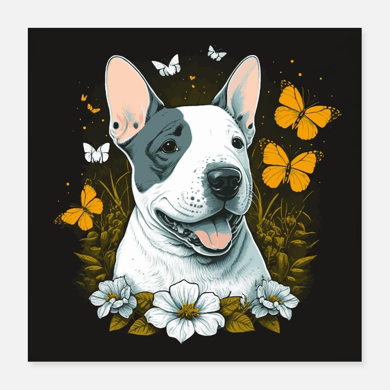 Joyeux bull terrier avec des fleurs Poster 40 x 40 cm