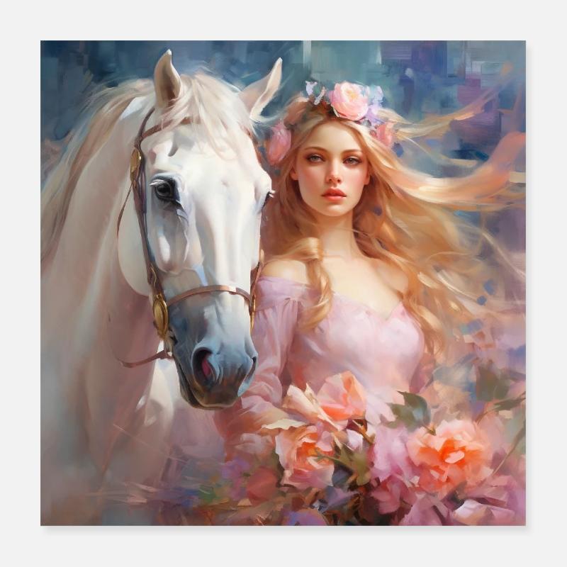 Blumenelfe mit Krafttier Pferd - Poster 40x40 cm - Weiß