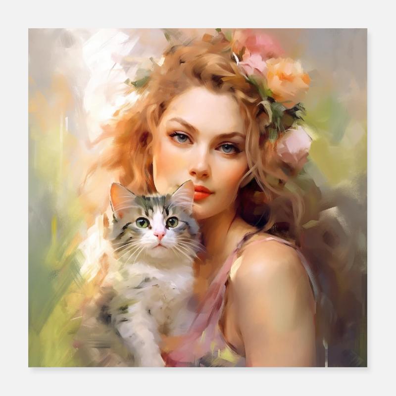 Blumenelfe mit Krafttier Katze - Poster 40x40 cm - Weiß