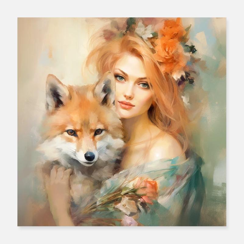 Blumenelfe mit Krafttier Fuchs Poster 40x40 cm