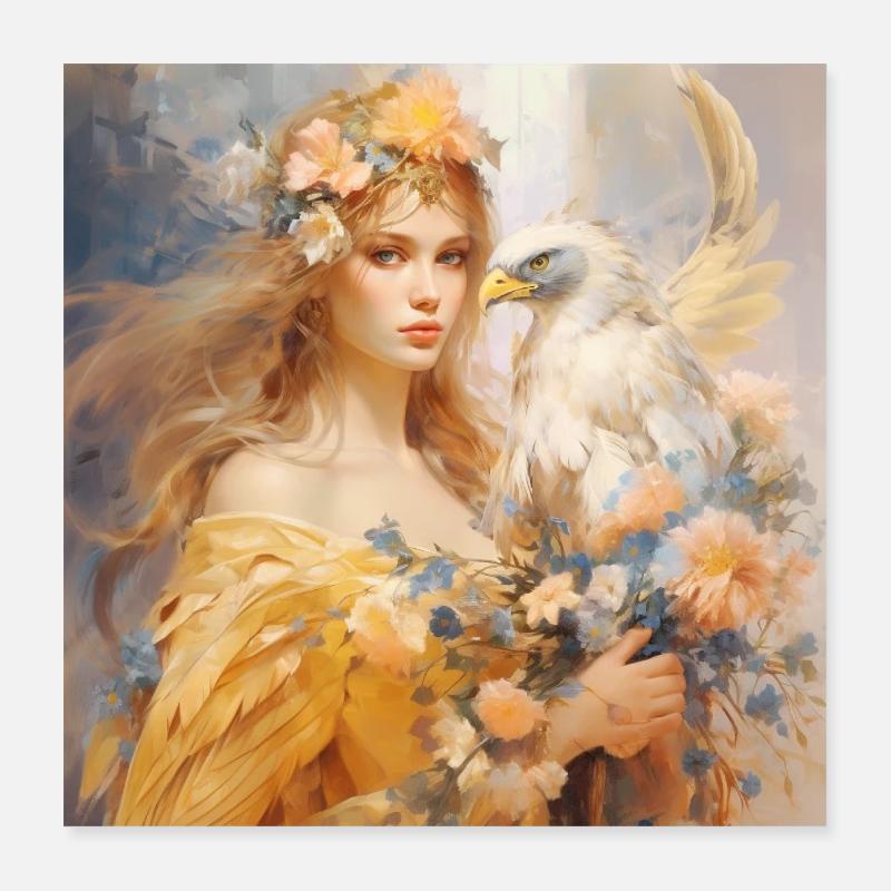 Blumenelfe mit Krafttier Adler - Poster 40x40 cm - Weiß