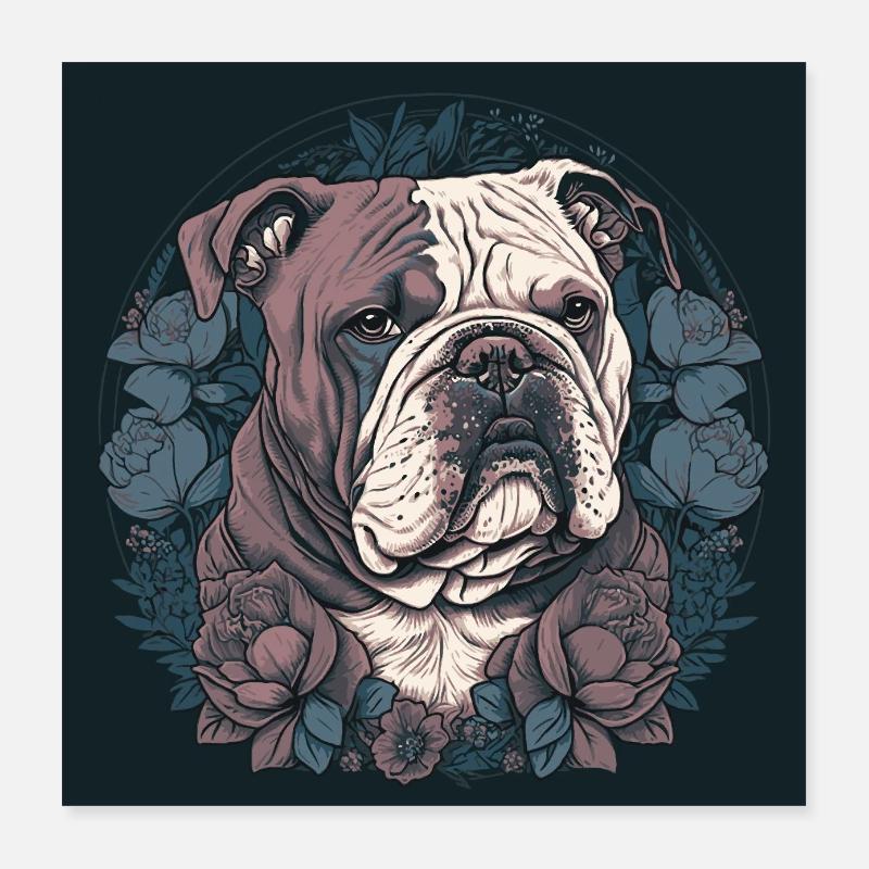 Bouledogue anglais avec des fleurs Poster 40 x 40 cm
