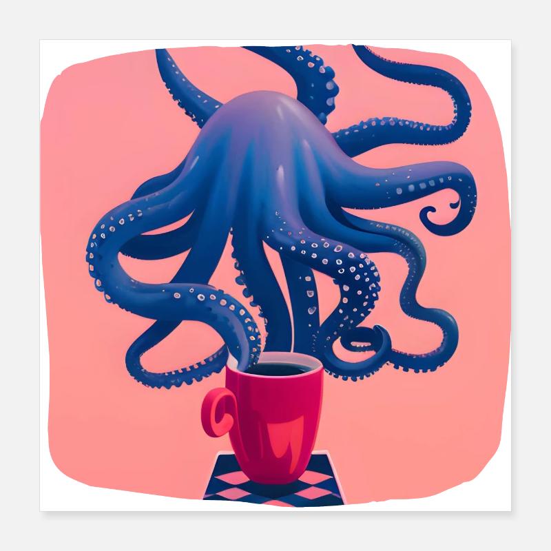 Blue octopus with coffee Poster 16" x 16" (40x40 cm)