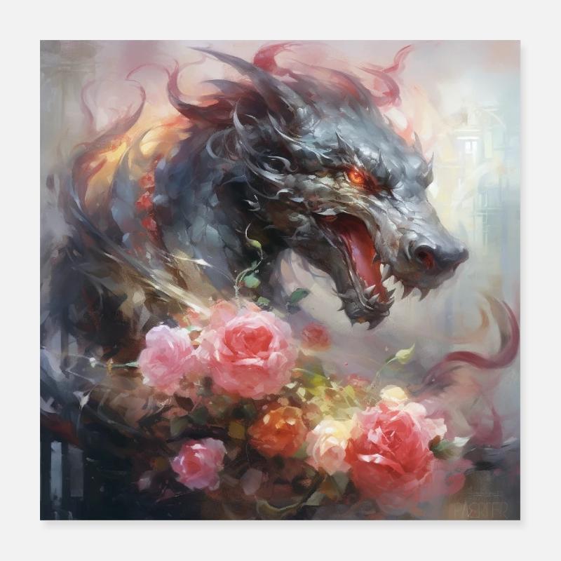 Drache mit Blumen Poster 40x40 cm