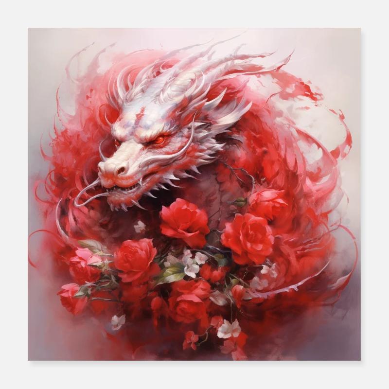 Dragon with roses Poster 16" x 16" (40x40 cm)
