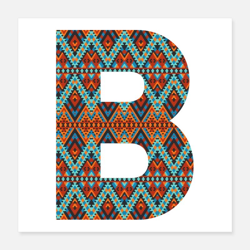 Buchstabe B- Boho-Design, buntes Monogramm - Poster 40x40 cm - Weiß