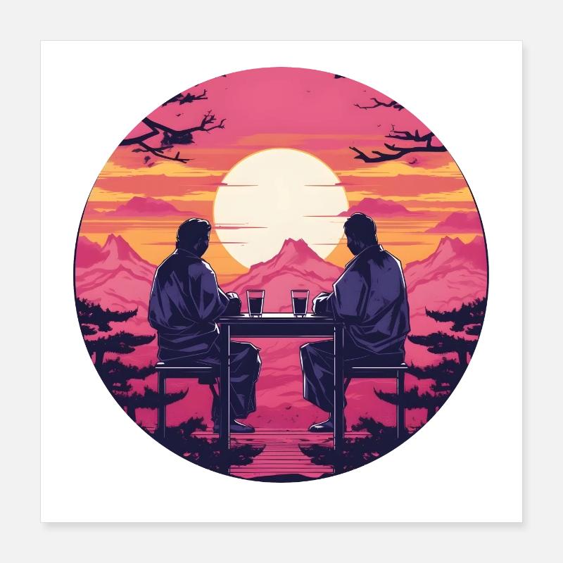 Synthwave japan traditional men drink together Poster 16" x 16" (40x40 cm)