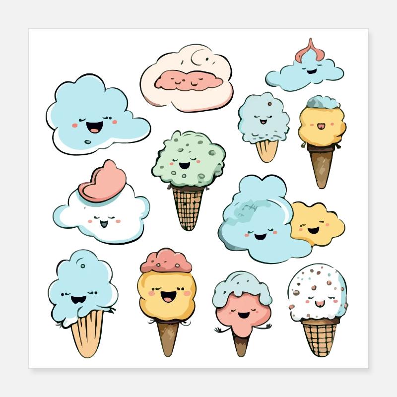 Glaces et cornets kawaii Poster 40 x 40 cm