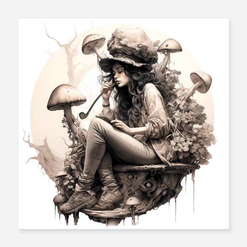 Pipe Smoking Mushroom Woman Poster 16" x 16" (40x40 cm)