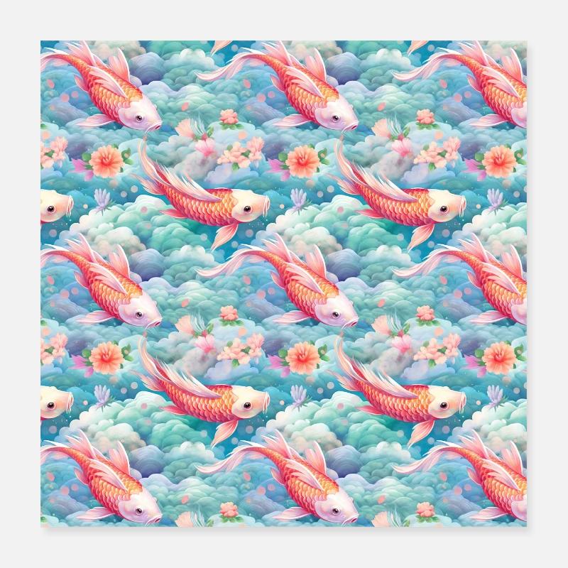 Koi Fish Seamless Pattern Japanese Asian Chinese Poster 16" x 16" (40x40 cm)