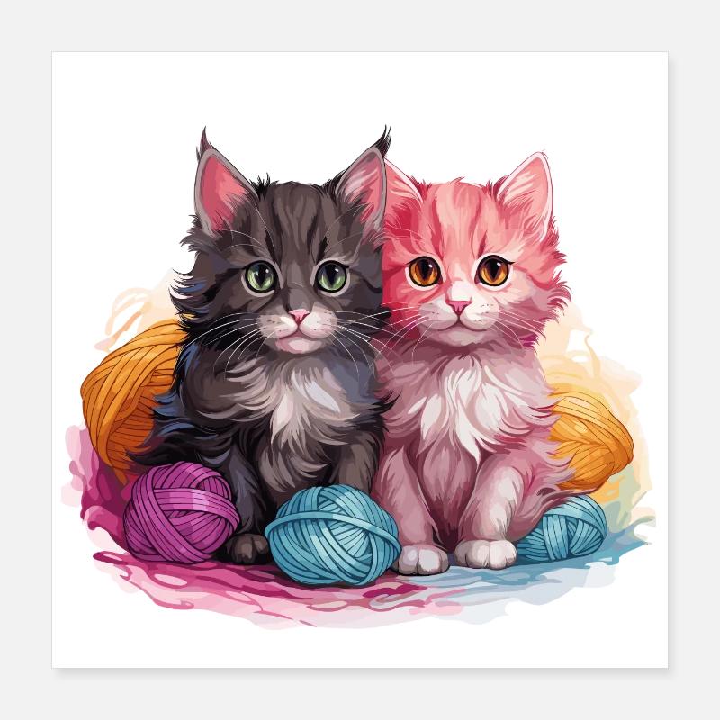 Deux chatons avec pelote de laine dans un style graphique vectoriel Poster 40 x 40 cm