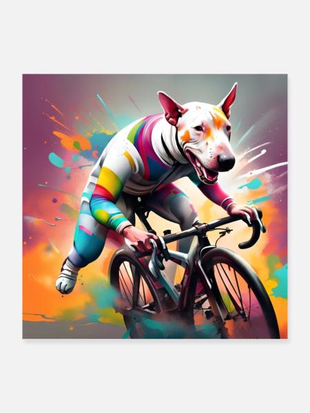 Englischer Bullterrier Rennradfahrer - Poster 40x40 cm - Weiß