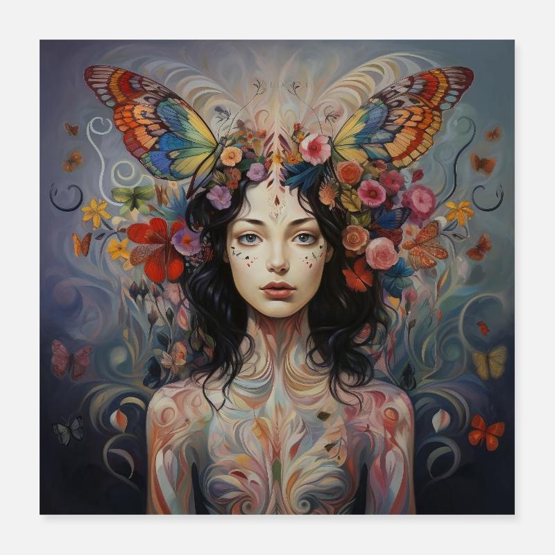 Bunte Dame umgeben von lebendigen Blumen Poster 40x40 cm
