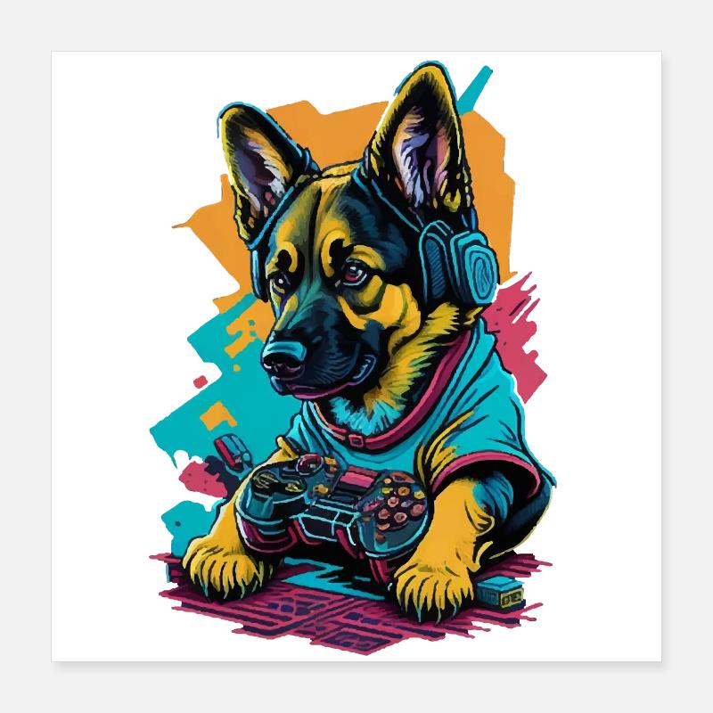 Deutscher Schäferhundwelpe spielt mit Gamecontroll Poster 40x40 cm