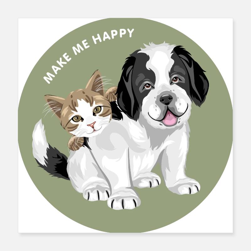 Chien chiot Saint Bernard et chat mignon Poster 40 x 40 cm