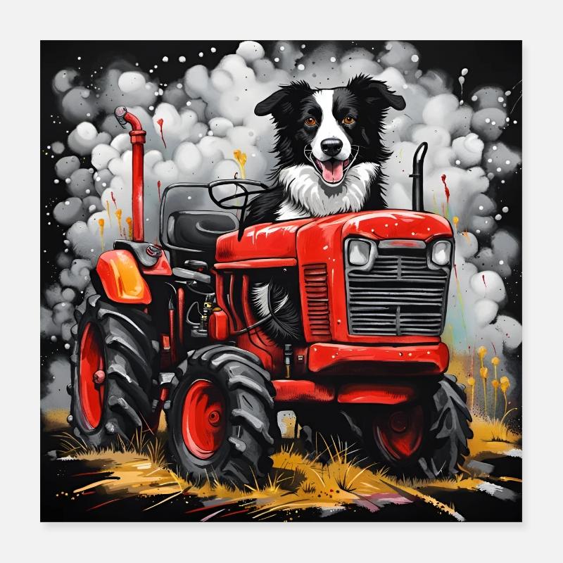 Border Collie Sheepdog on a Vintage Tractor Poster 16" x 16" (40x40 cm)