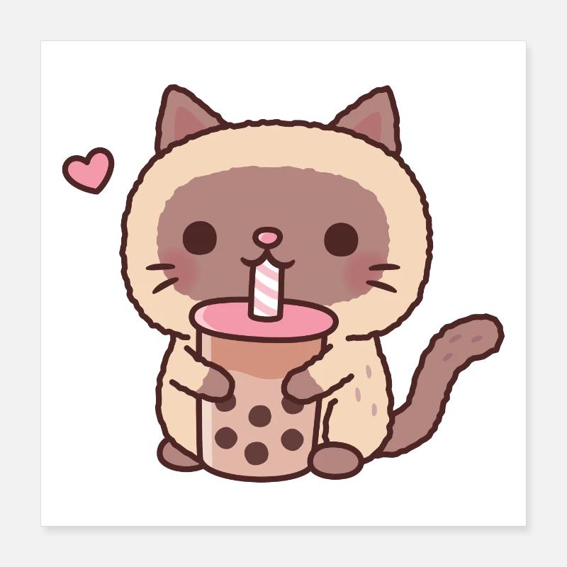 Cute Siamese Cat Loves Bubble Tea Poster 16" x 16" (40x40 cm)