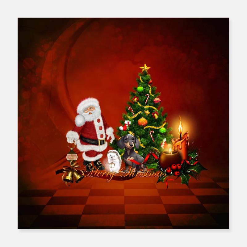 Le Père Noël avec hérisson et chien apporte le bonheur Poster 40 x 40 cm