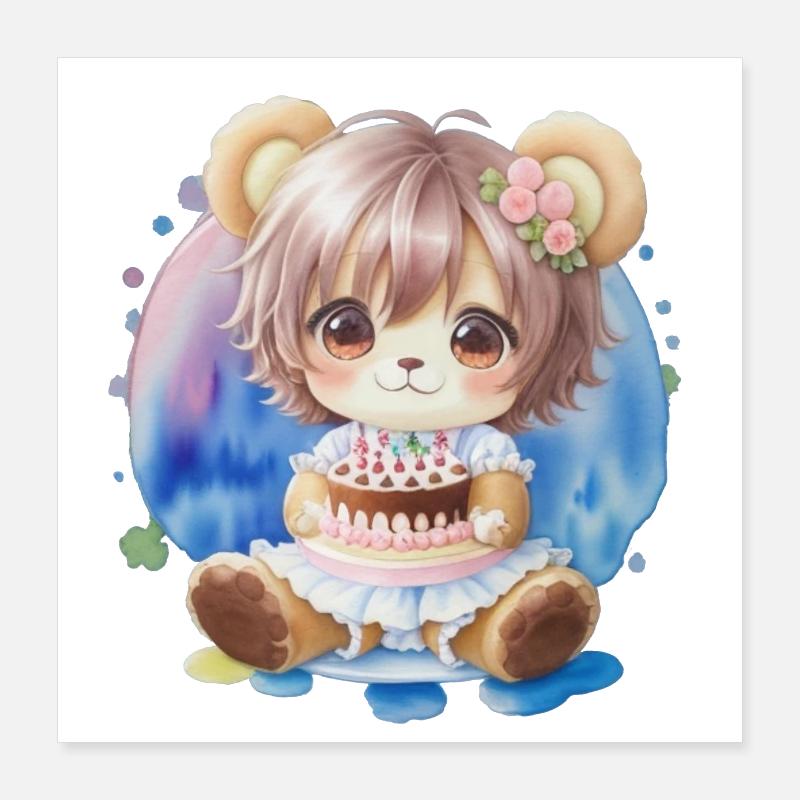 Teddybär Mädchen und Kuchen Poster 40x40 cm