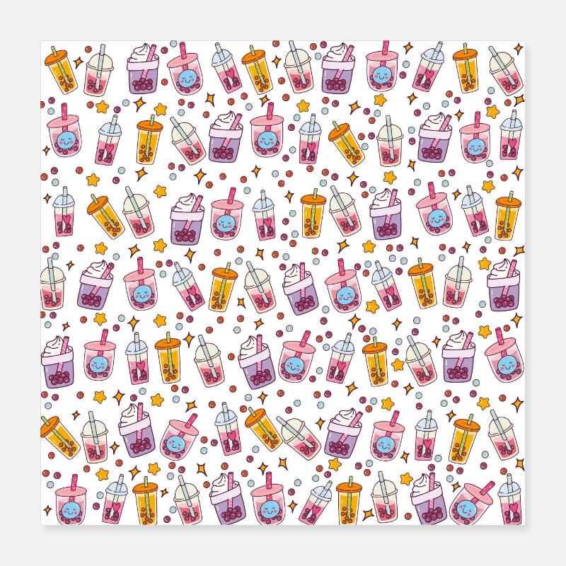 Kawaii Bubble Tea Pattern avec étoiles et bulles Poster 40 x 40 cm