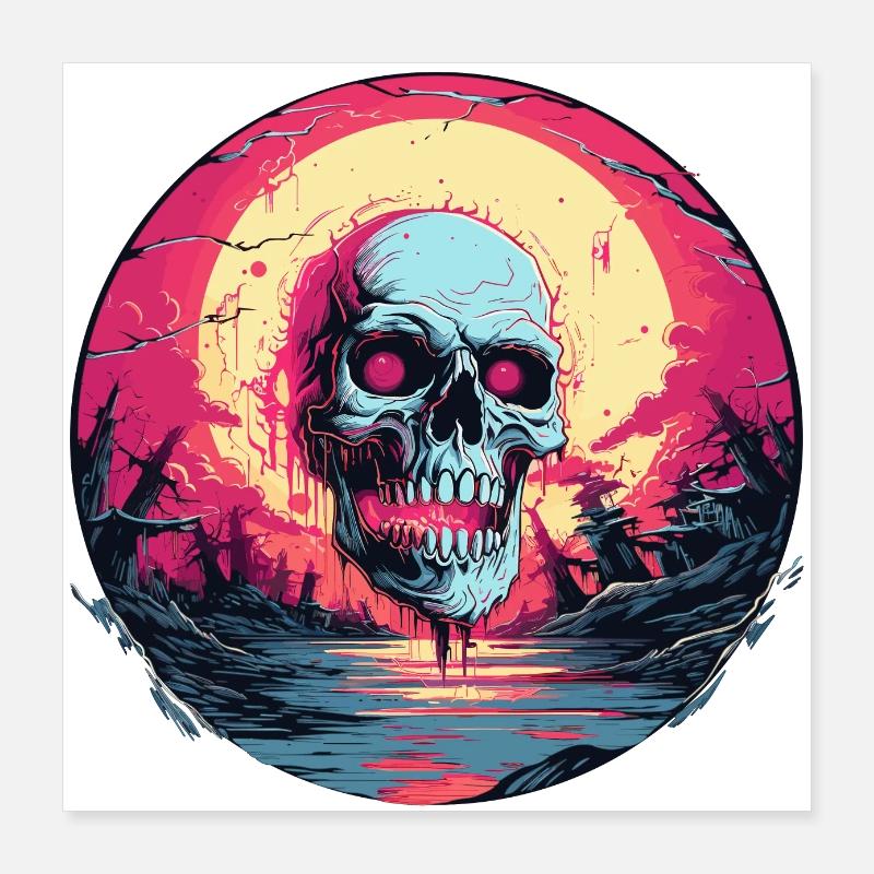 Synthwave Sunset Surreal Retro Cyberpunk Skull Poster 40x40 cm
