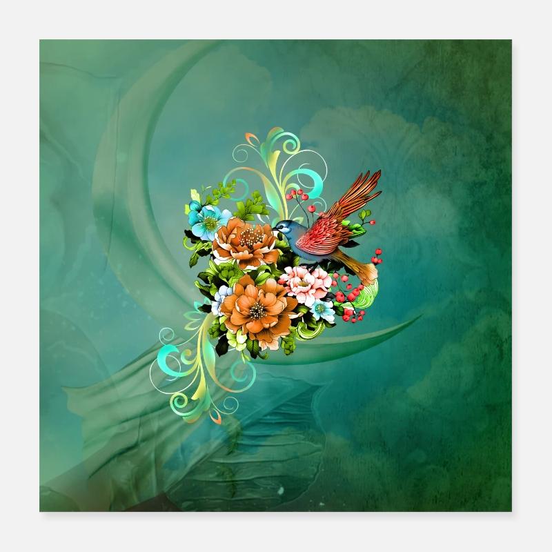 Wunderschöne elegante Blumen mit Vogel. Poster 40x40 cm