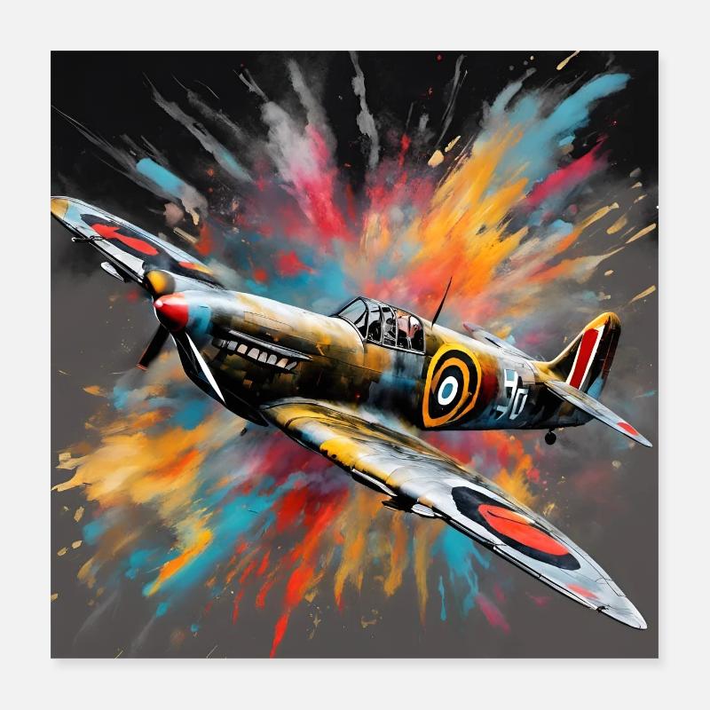 Spitfire British World War 2 Fighter Splash Art - Poster 16" x 16" (40x40 cm) - white