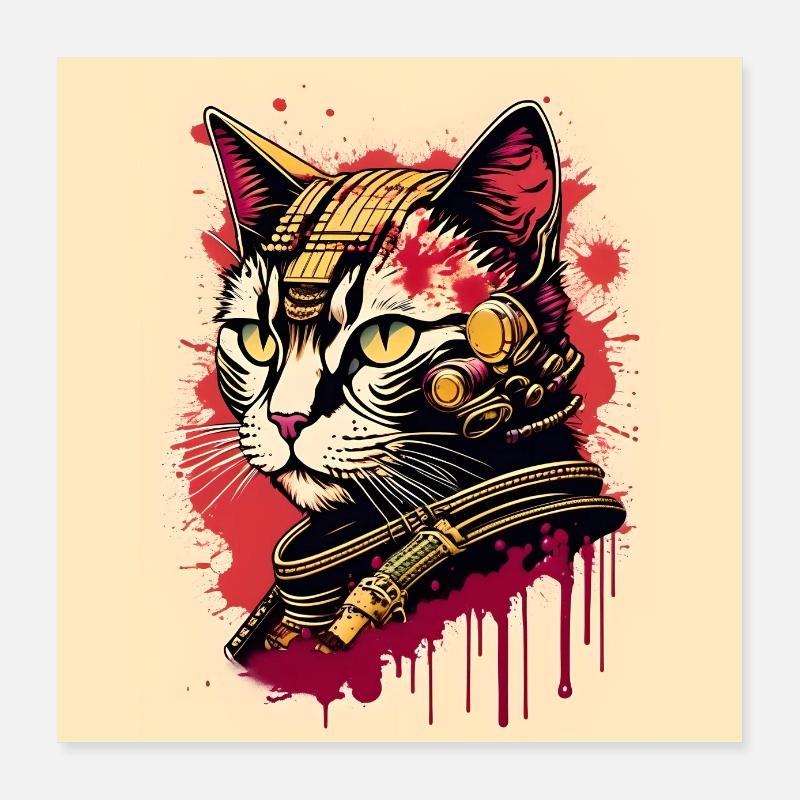 Samurai Katze - Poster 40x40 cm - Weiß